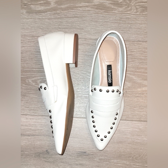 Kensie | White Leather | Pointed-Toe Studded Loafer Flats | Size 8M - Picture 3 of 7
